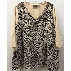 Susan Graver Weekend Women's Size 2X Beige Animal Print French Terry Top Sequins
